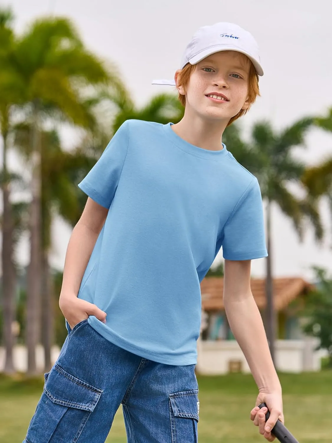 Haloumoning Boys T-Shirts Kids Short Sleeve Crewneck Solid Basic Tees Casual Tops 5-14 Years
