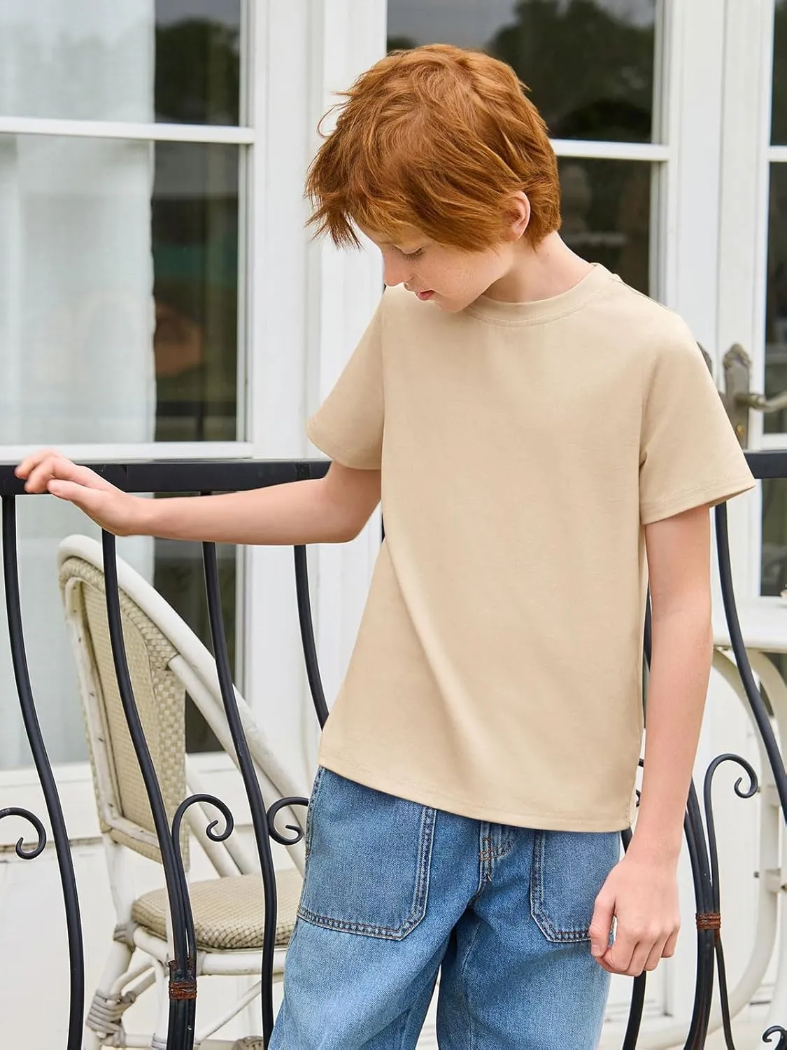 Haloumoning Boys T-Shirts Kids Short Sleeve Crewneck Solid Basic Tees Casual Tops 5-14 Years