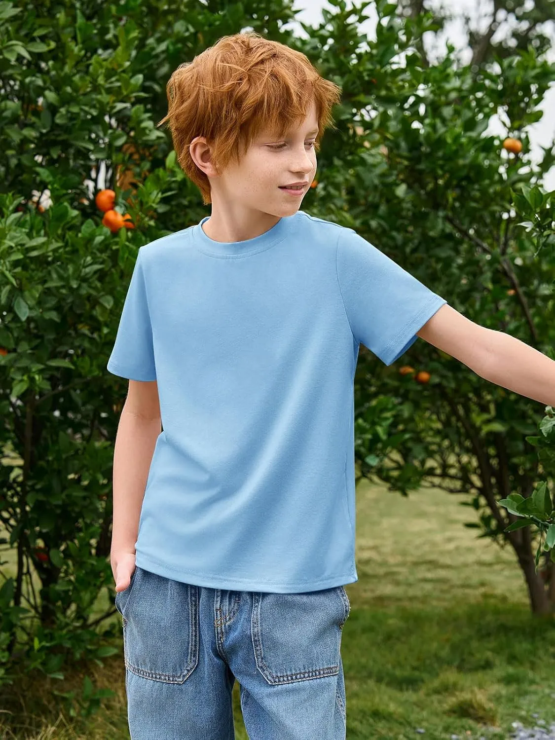 Haloumoning Boys T-Shirts Kids Short Sleeve Crewneck Solid Basic Tees Casual Tops 5-14 Years
