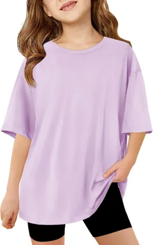 Haloumoning Girls Short Sleeve T Shirts Kids Summer Oversized Tops Casual Crewneck Basic Tees 5-14Y