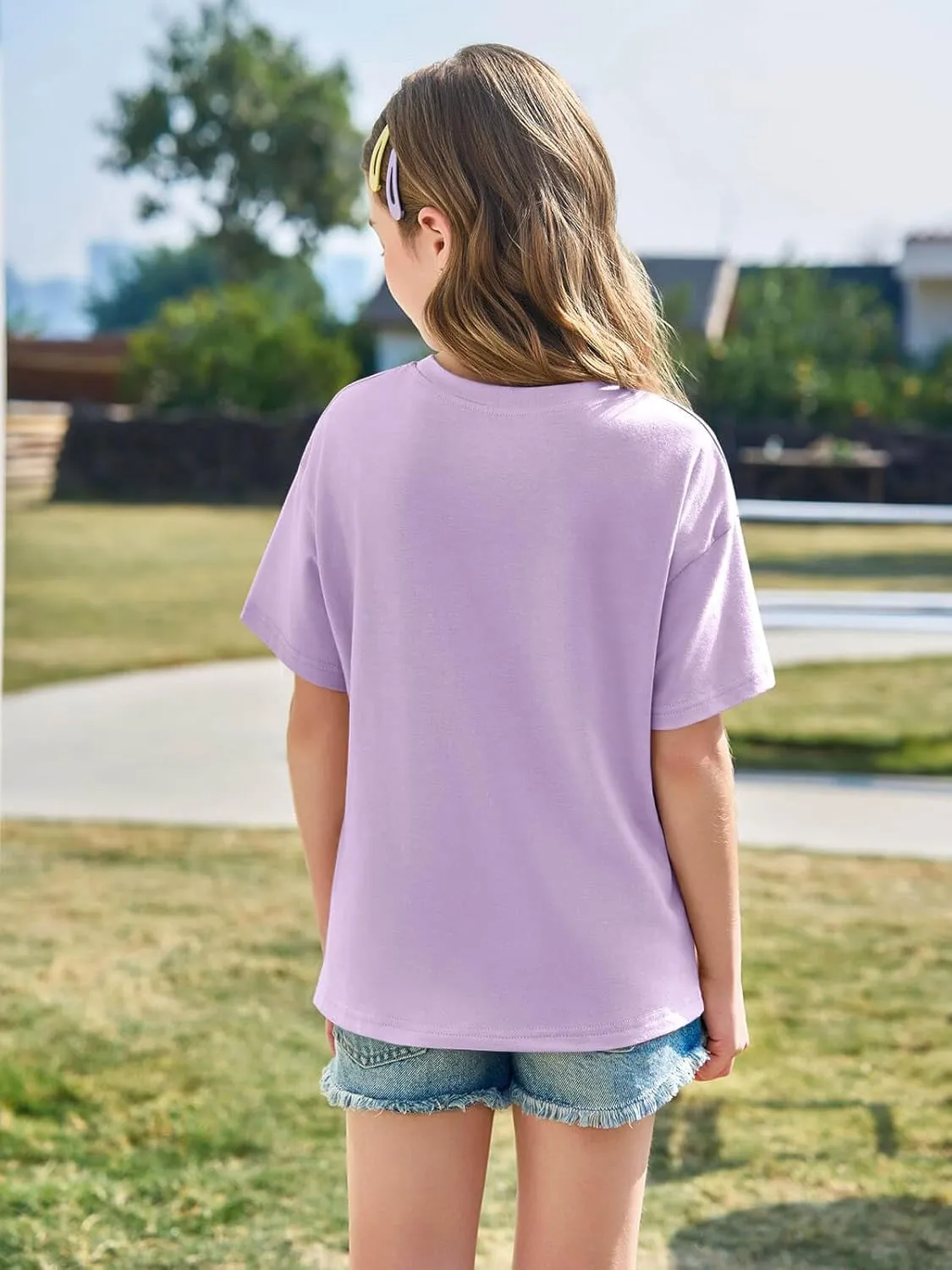 Haloumoning Girls Short Sleeve T Shirts Kids Summer Oversized Tops Casual Crewneck Basic Tees 5-14Y