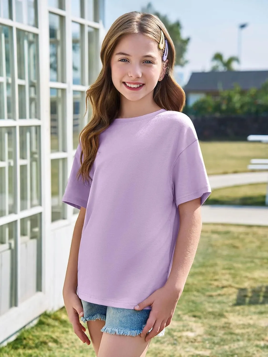 Haloumoning Girls Short Sleeve T Shirts Kids Summer Oversized Tops Casual Crewneck Basic Tees 5-14Y