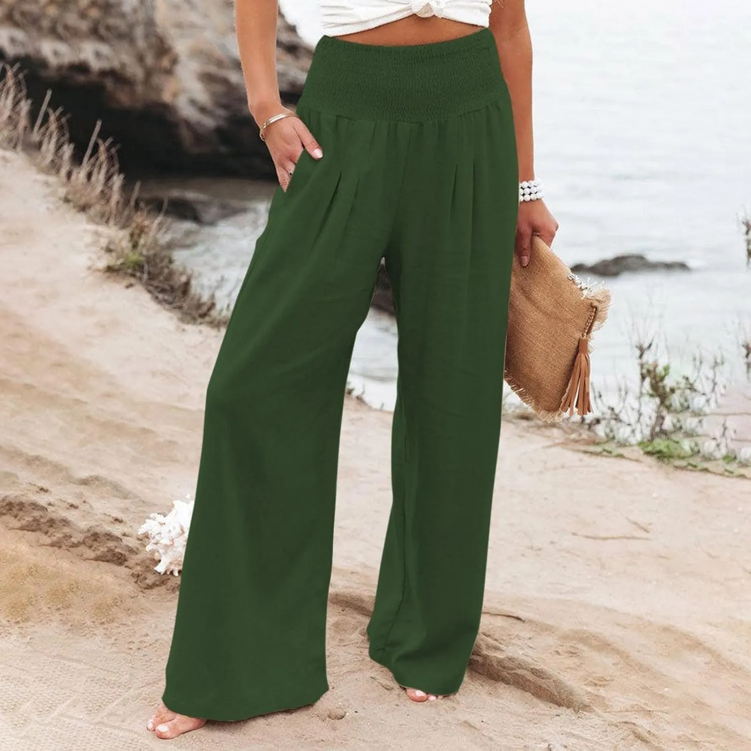 High Waisted Wide Leg Pants for Women with Pockets Plus Size Casual Solid Palazzo Pant Loose Fit Lounge Trousers