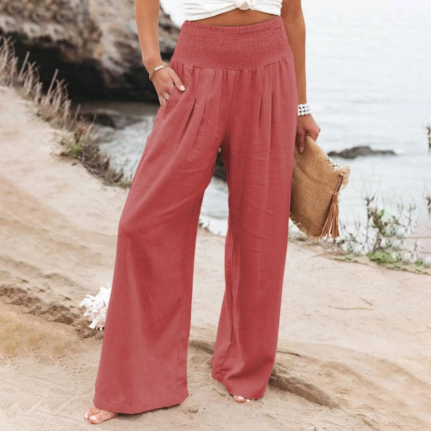 High Waisted Wide Leg Pants for Women with Pockets Plus Size Casual Solid Palazzo Pant Loose Fit Lounge Trousers