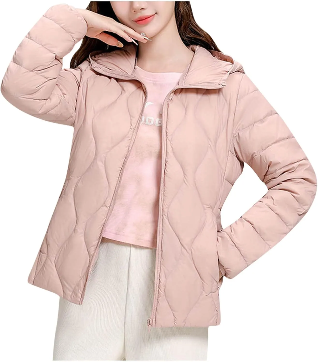 Hooded Quilted Jacket Women Lightweight Puffer Jacket Zip up Padded Coat Packable Down Jacket Warm Winter Coat