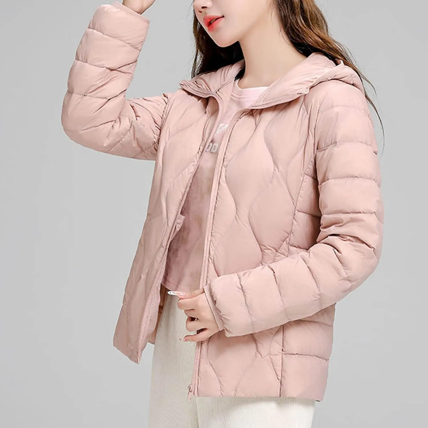Hooded Quilted Jacket Women Lightweight Puffer Jacket Zip up Padded Coat Packable Down Jacket Warm Winter Coat