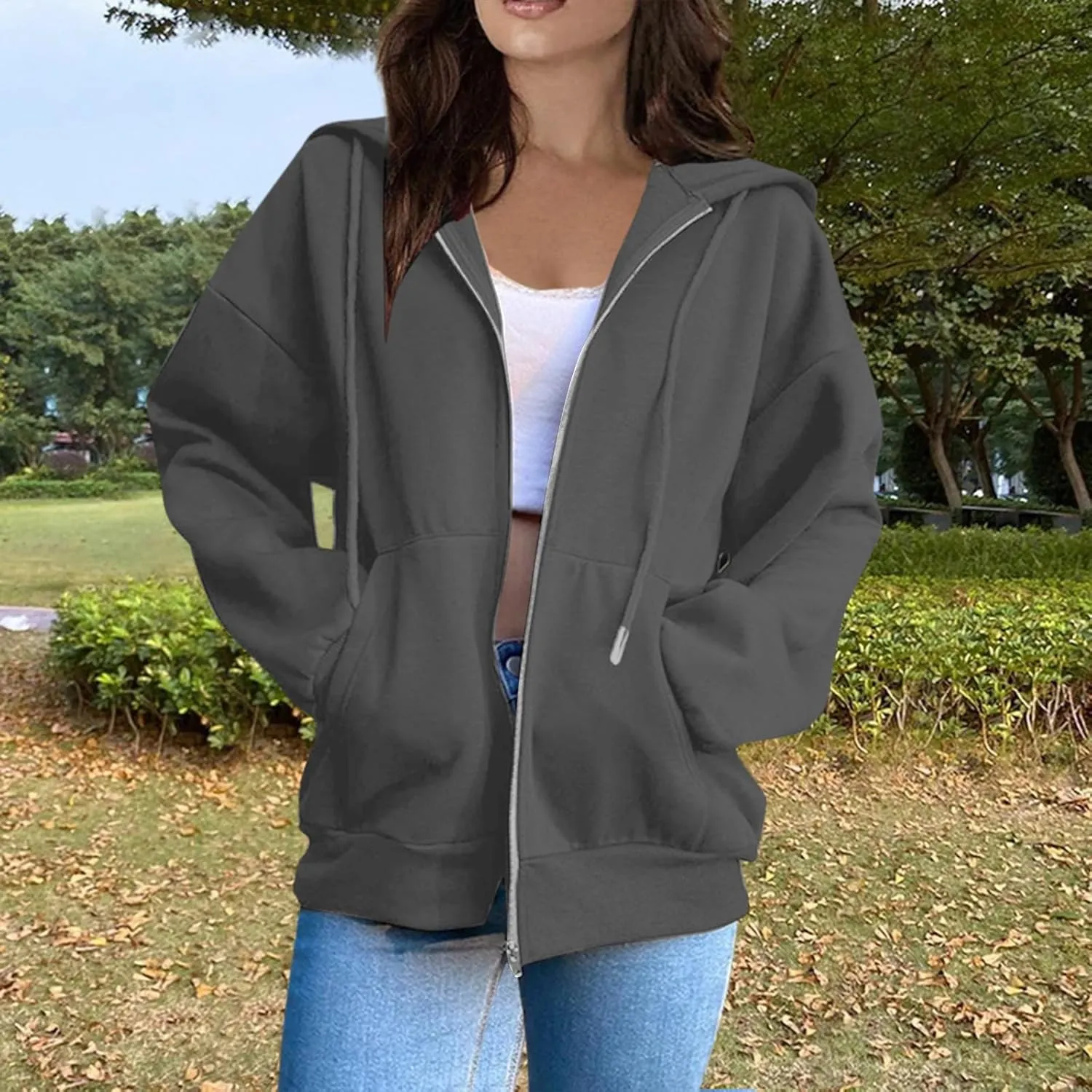Hoodies For Women Zip Up Hoodie Long Sleeve Solid Jackets Fall Winter Coats Soft Loose Hoodies Outdoor Sweatshirt