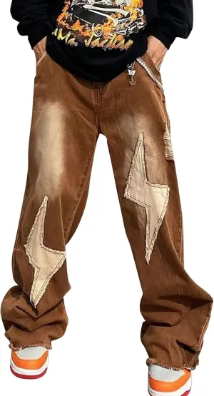 Jeans for Men Relaxed Fit Hip Hop Star Pants Denim Loose Goth Fashion Streetwear Straight Mid Rise Jeans Men's