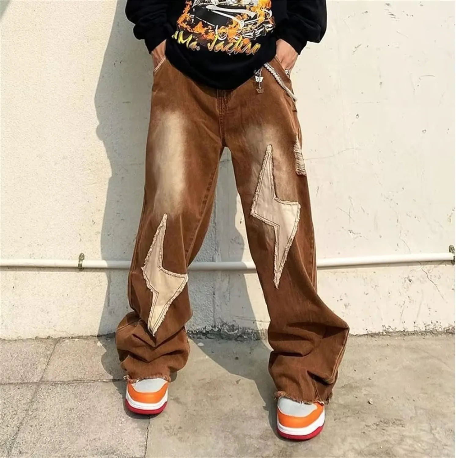 Jeans for Men Relaxed Fit Hip Hop Star Pants Denim Loose Goth Fashion Streetwear Straight Mid Rise Jeans Men's