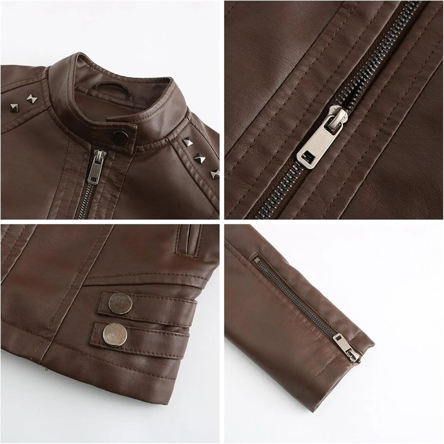 JEKE-DG Women's Zip Up Fashion Motorcycle Coat Stand Collar Cropped Coat Jacket Faux Leather Slim Fit Casual Coats