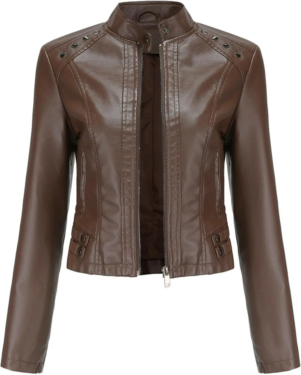 JEKE-DG Women's Zip Up Fashion Motorcycle Coat Stand Collar Cropped Coat Jacket Faux Leather Slim Fit Casual Coats