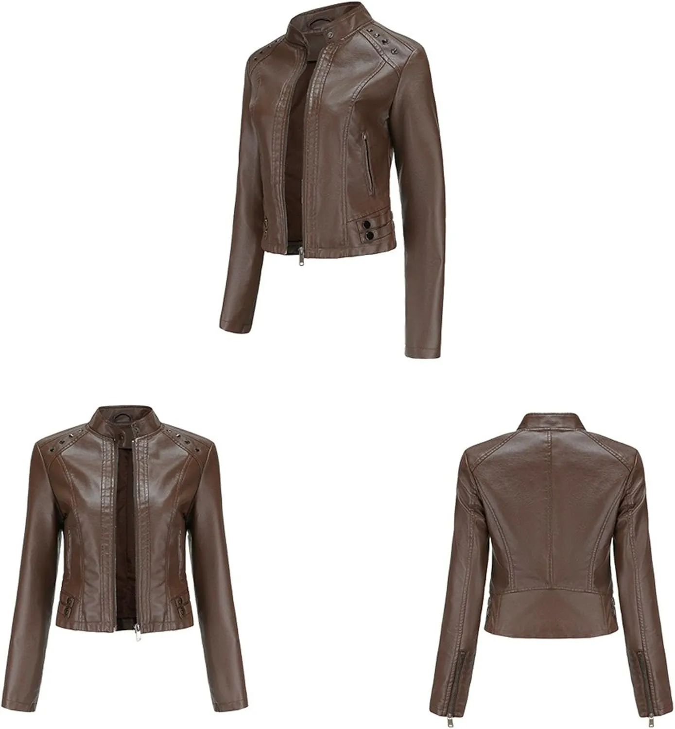 JEKE-DG Women's Zip Up Fashion Motorcycle Coat Stand Collar Cropped Coat Jacket Faux Leather Slim Fit Casual Coats