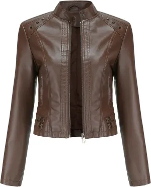 JEKE-DG Women's Zip Up Fashion Motorcycle Coat Stand Collar Cropped Coat Jacket Faux Leather Slim Fit Casual Coats