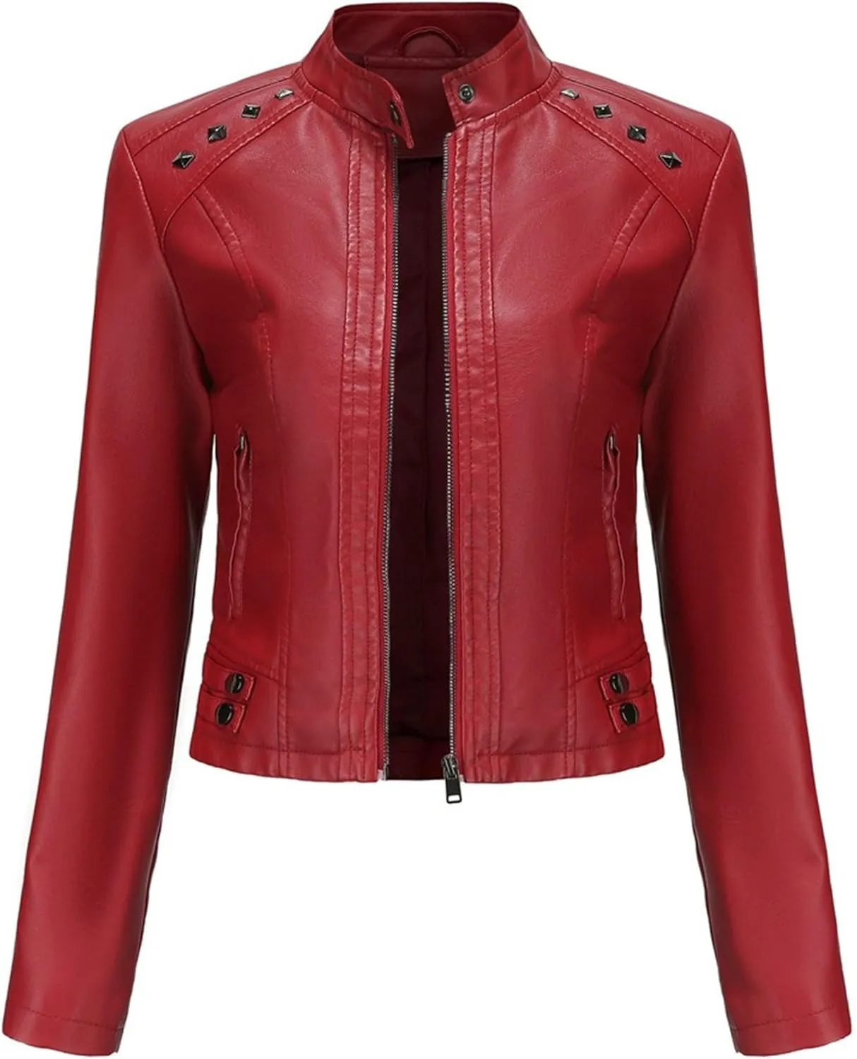 JEKE-DG Women's Zip Up Fashion Motorcycle Coat Stand Collar Cropped Coat Jacket Faux Leather Slim Fit Casual Coats