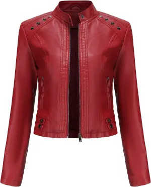 JEKE-DG Women's Zip Up Fashion Motorcycle Coat Stand Collar Cropped Coat Jacket Faux Leather Slim Fit Casual Coats