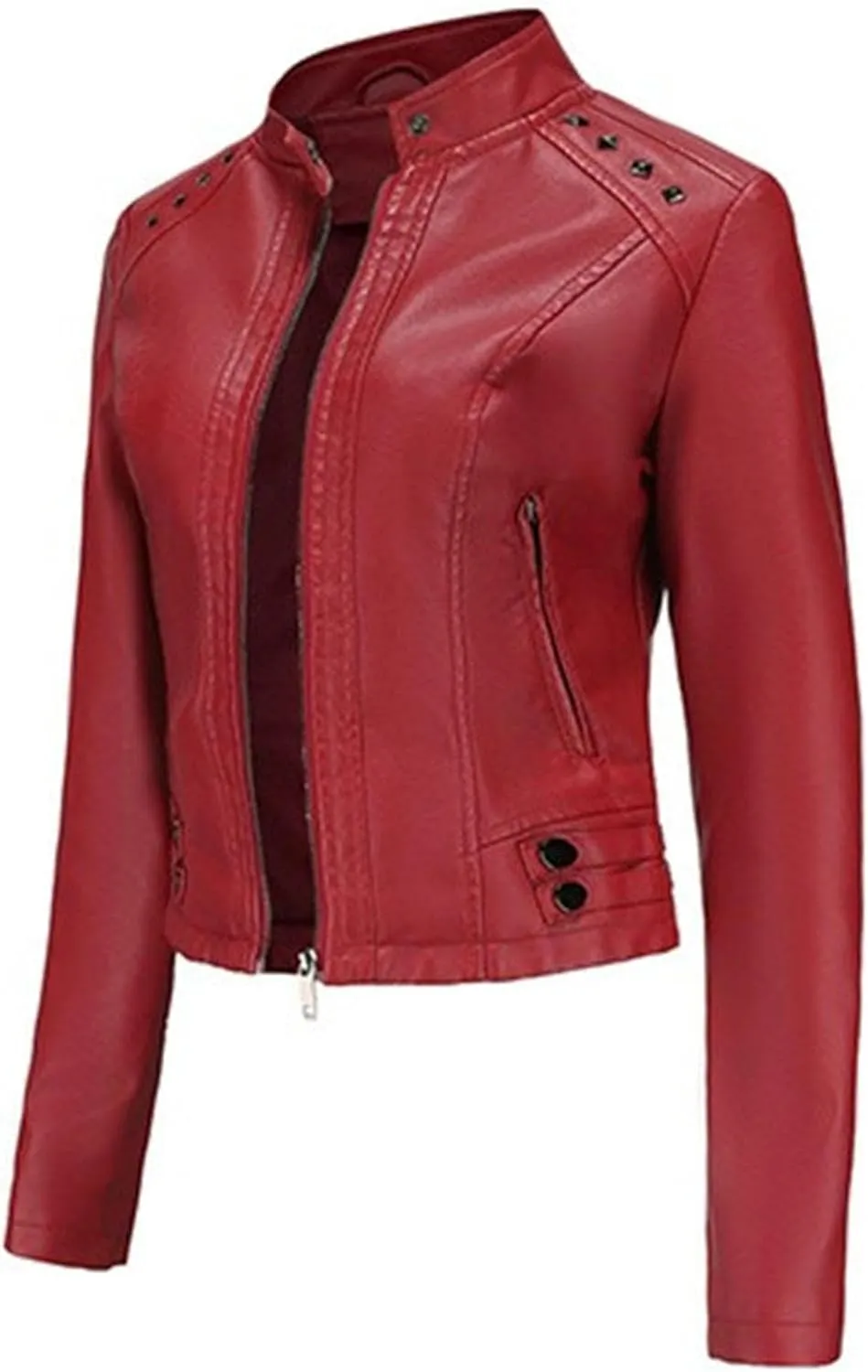 JEKE-DG Women's Zip Up Fashion Motorcycle Coat Stand Collar Cropped Coat Jacket Faux Leather Slim Fit Casual Coats
