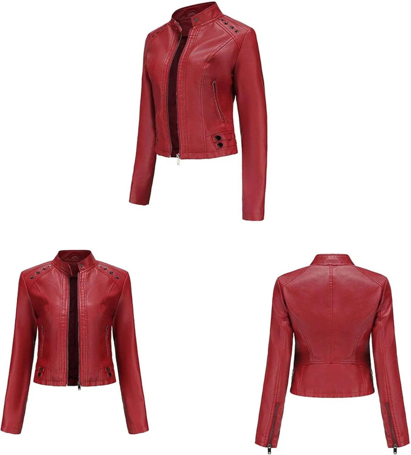 JEKE-DG Women's Zip Up Fashion Motorcycle Coat Stand Collar Cropped Coat Jacket Faux Leather Slim Fit Casual Coats