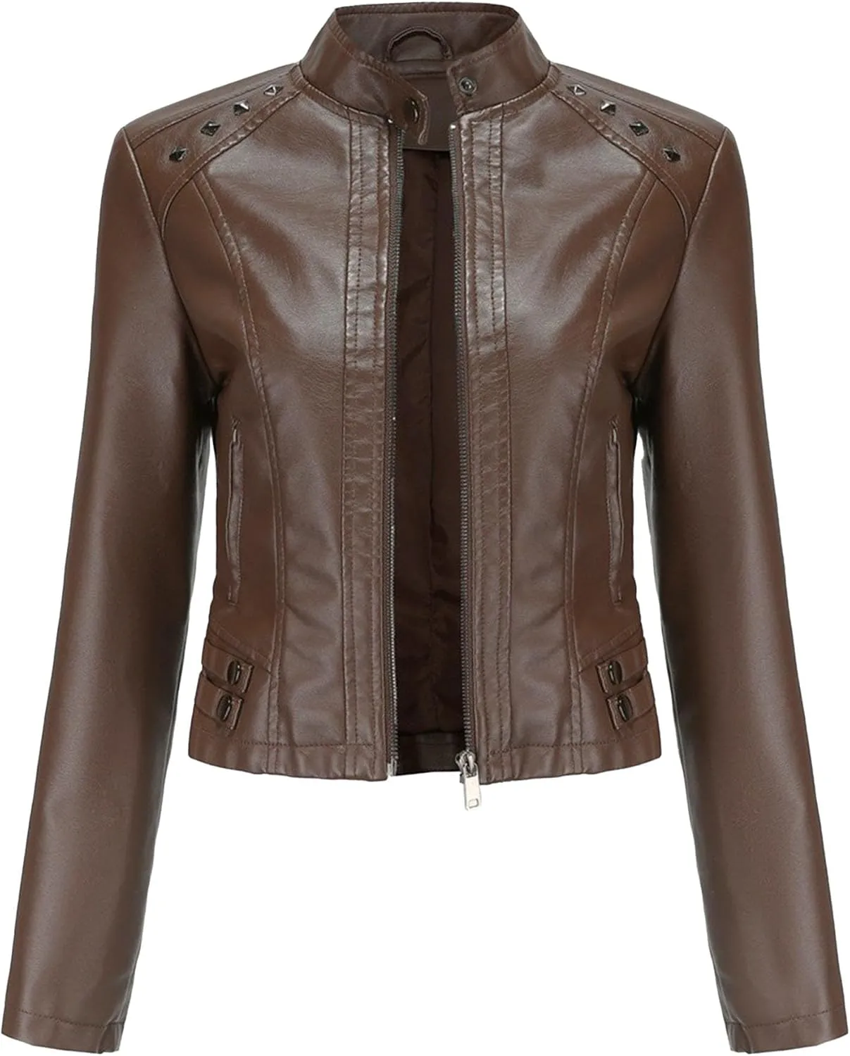 JEKE-DG Women's Zip Up Fashion Motorcycle Coat Stand Collar Cropped Coat Jacket Faux Leather Slim Fit Casual Coats