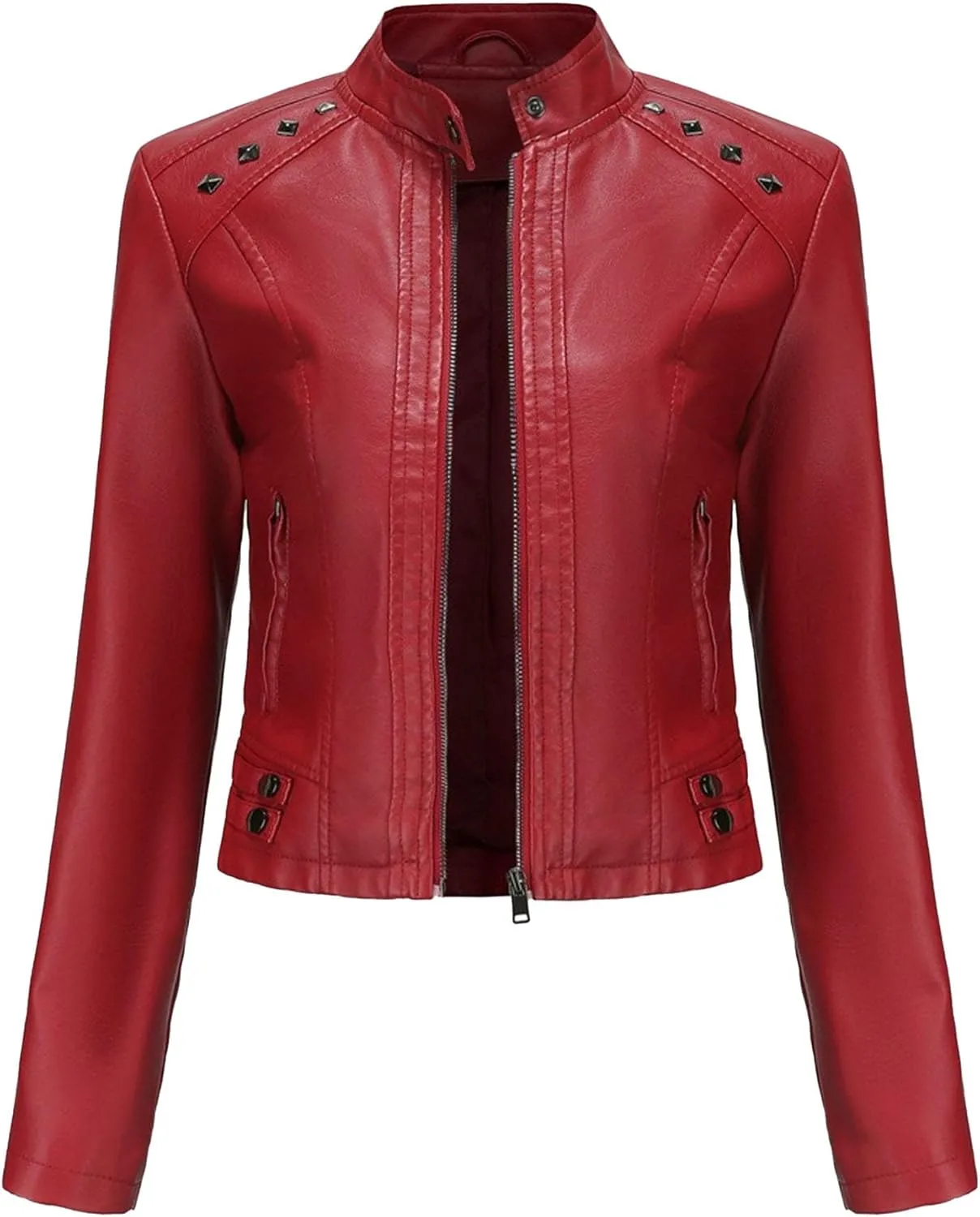 JEKE-DG Women's Zip Up Fashion Motorcycle Coat Stand Collar Cropped Coat Jacket Faux Leather Slim Fit Casual Coats
