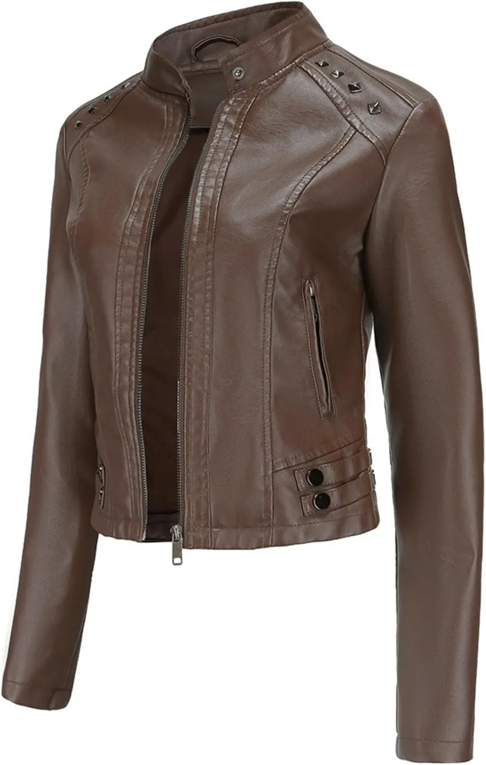 JEKE-DG Women's Zip Up Fashion Motorcycle Coat Stand Collar Cropped Coat Jacket Faux Leather Slim Fit Casual Coats