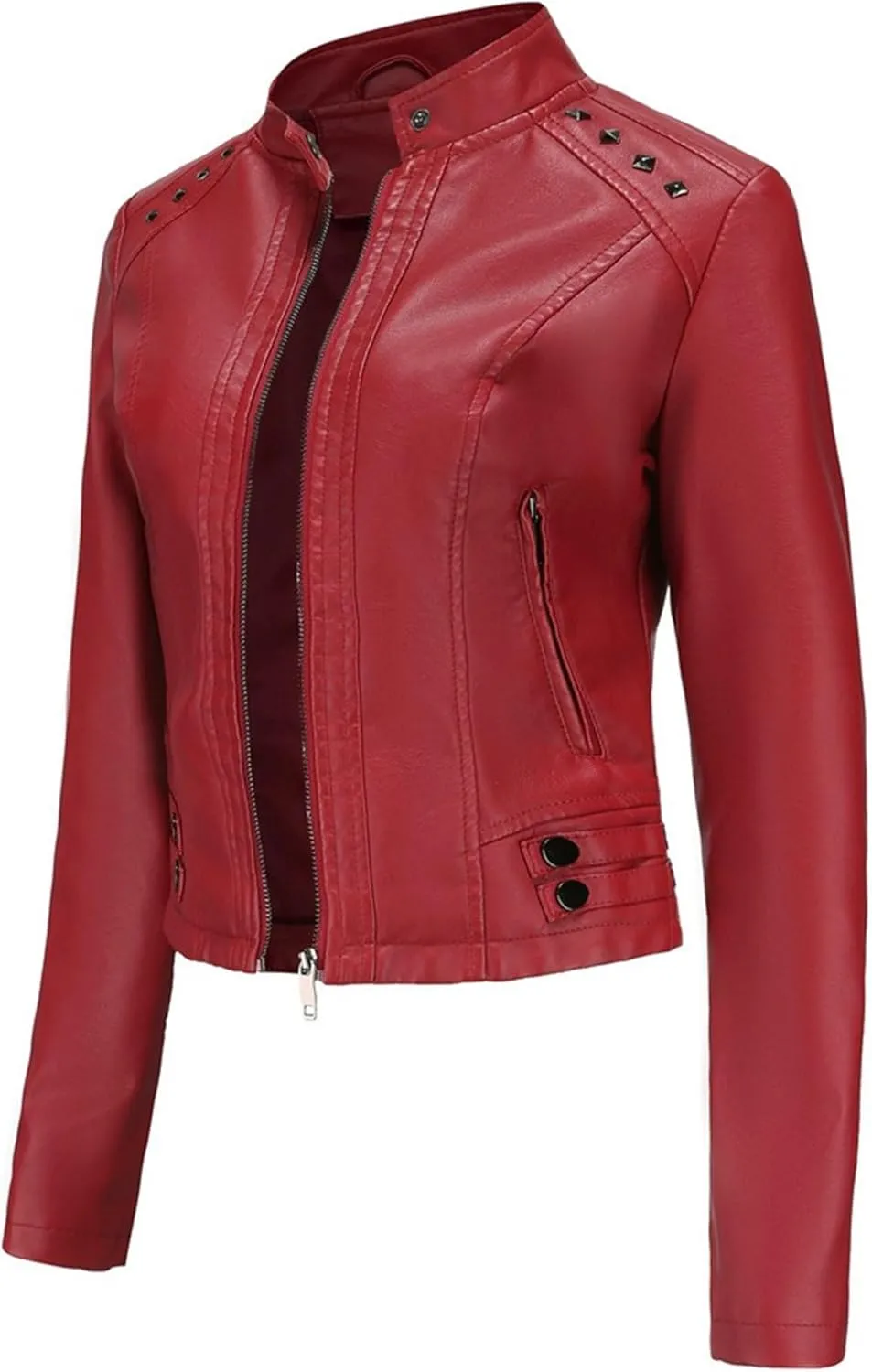 JEKE-DG Women's Zip Up Fashion Motorcycle Coat Stand Collar Cropped Coat Jacket Faux Leather Slim Fit Casual Coats