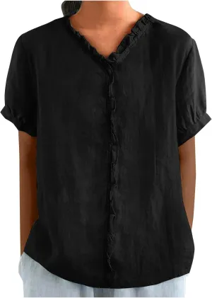 JOAU Women's Cotton Linen Short Sleeve Ruffle Shirts 2025 Summer Loose Casual V Neck Blouse Dressy Boho Beach Tunic Tops
