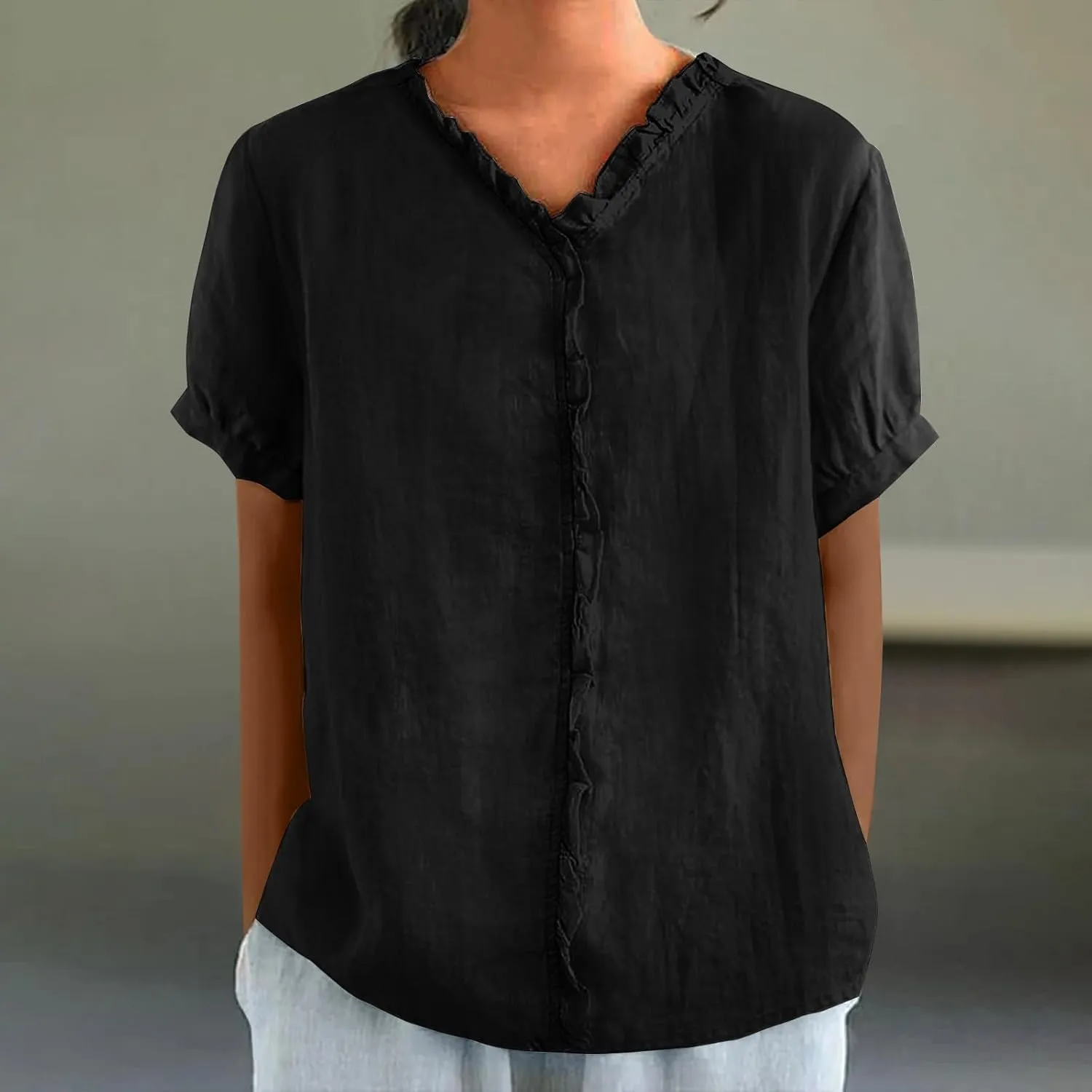 JOAU Women's Cotton Linen Short Sleeve Ruffle Shirts 2025 Summer Loose Casual V Neck Blouse Dressy Boho Beach Tunic Tops