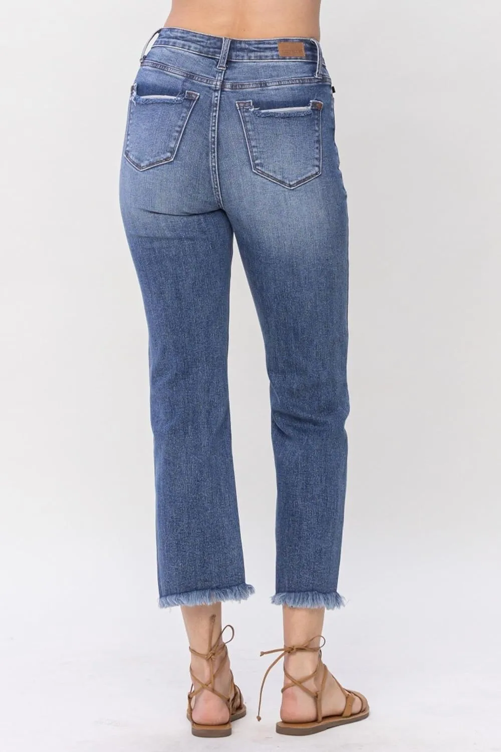 Judy Blue High Waisted Destroyed Cropped Straight Jeans for Women's Distressed Destroyed Straight Leg Denim with Frayed Hem