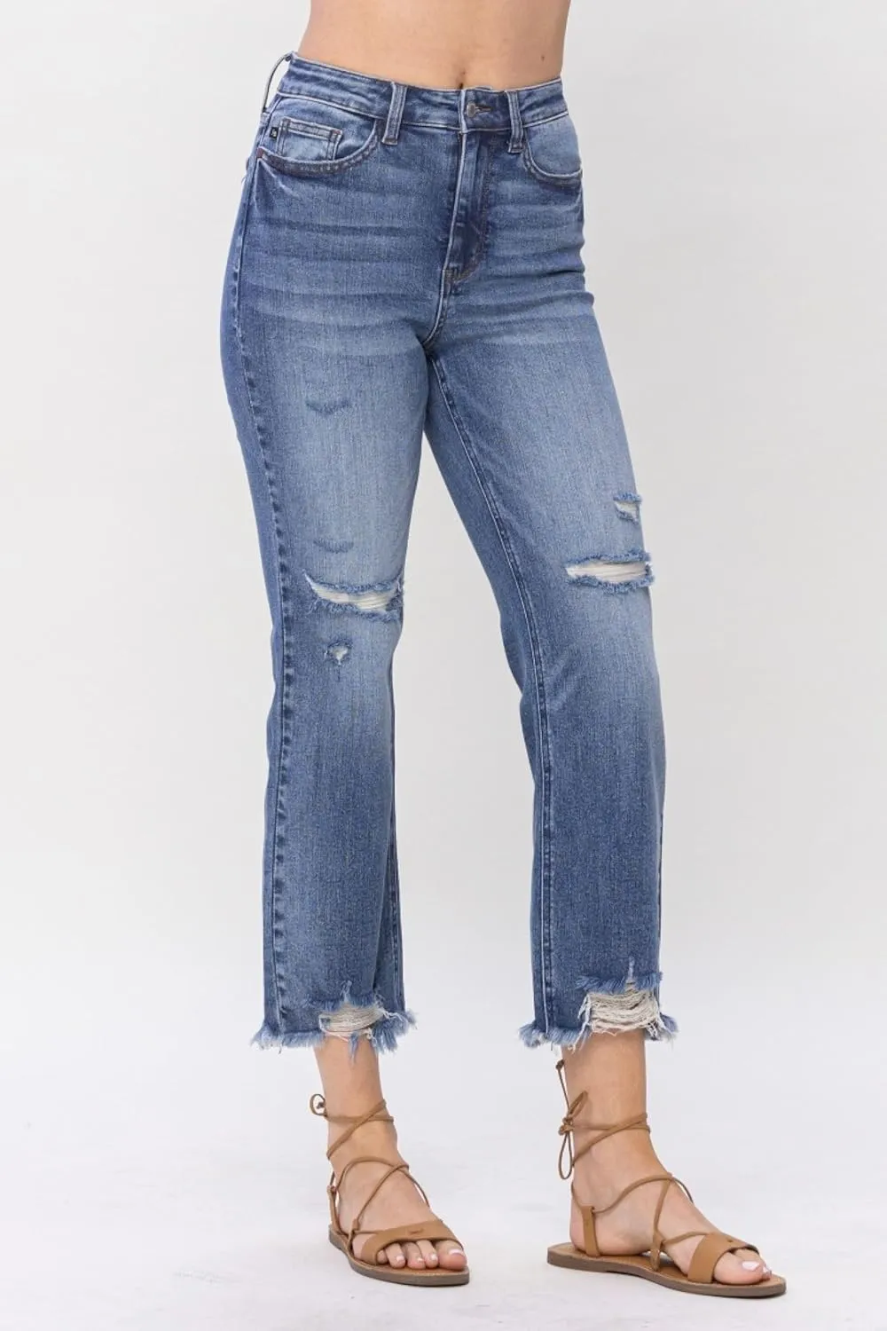 Judy Blue High Waisted Destroyed Cropped Straight Jeans for Women's Distressed Destroyed Straight Leg Denim with Frayed Hem