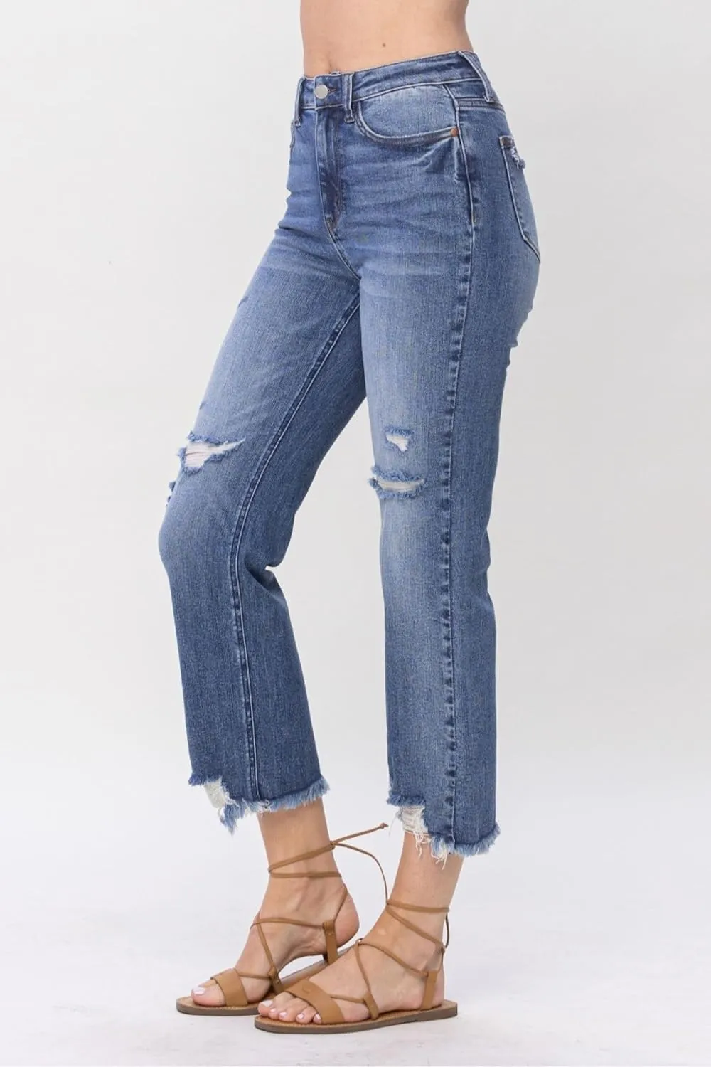 Judy Blue High Waisted Destroyed Cropped Straight Jeans for Women's Distressed Destroyed Straight Leg Denim with Frayed Hem