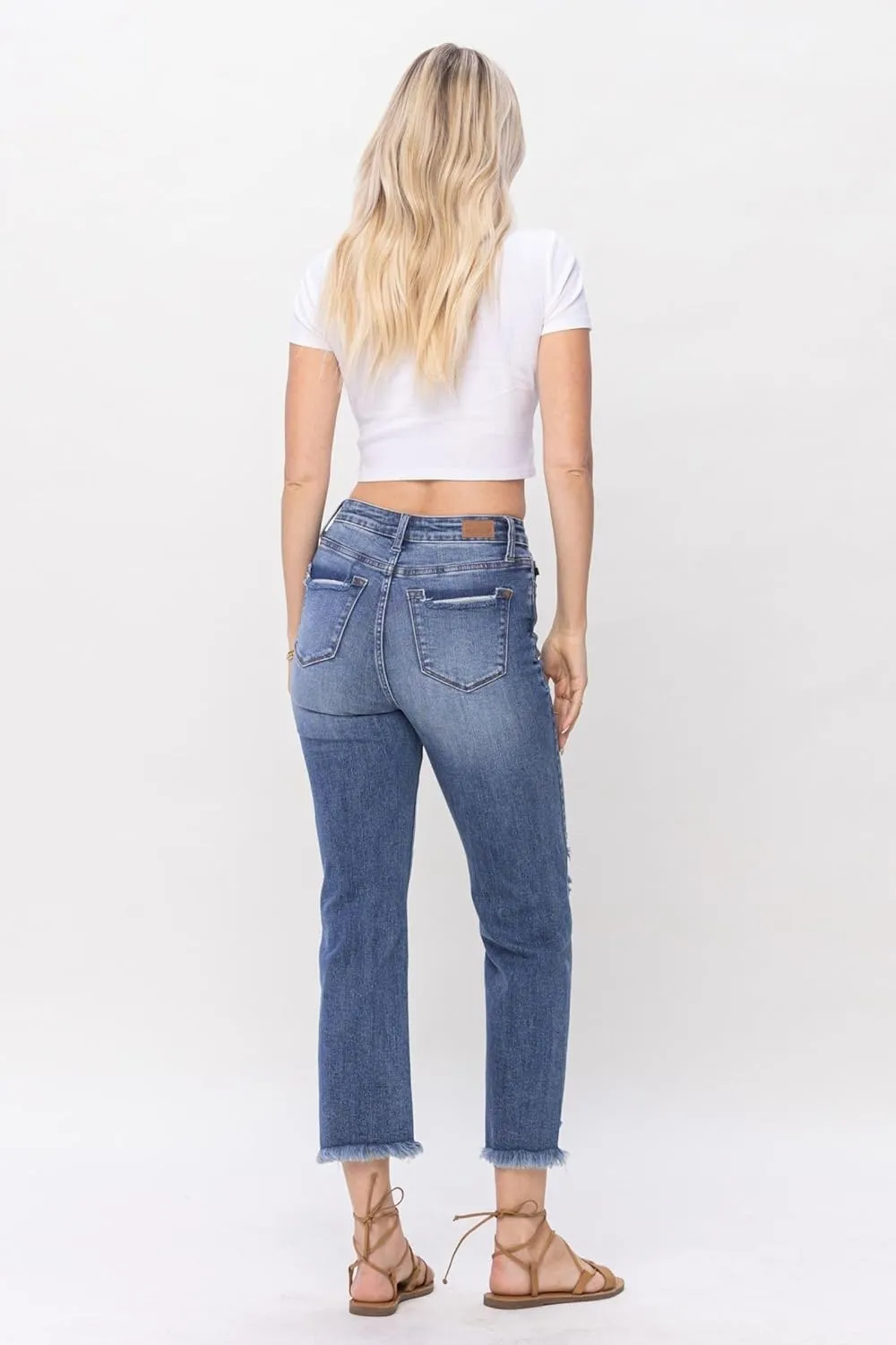 Judy Blue High Waisted Destroyed Cropped Straight Jeans for Women's Distressed Destroyed Straight Leg Denim with Frayed Hem