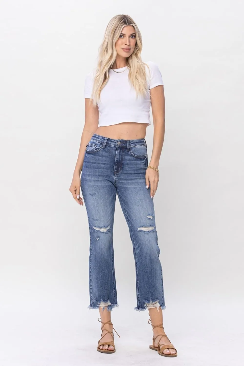 Judy Blue High Waisted Destroyed Cropped Straight Jeans for Women's Distressed Destroyed Straight Leg Denim with Frayed Hem