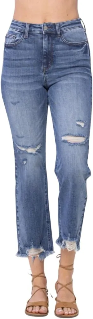 Judy Blue High Waisted Destroyed Cropped Straight Jeans for Women's Distressed Destroyed Straight Leg Denim with Frayed Hem
