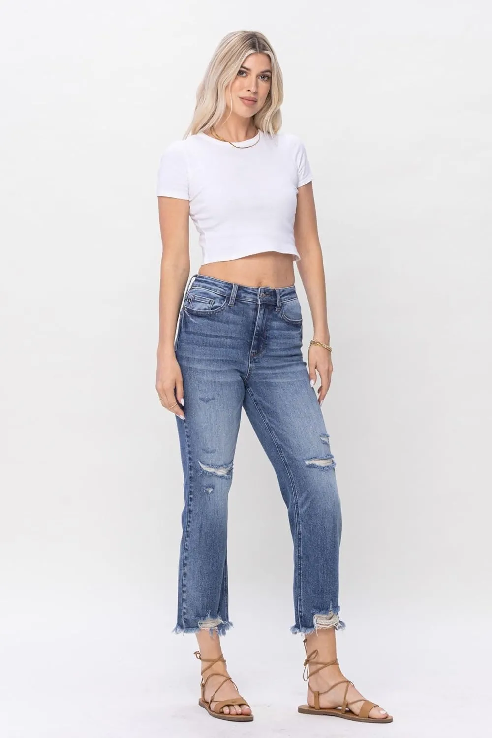Judy Blue High Waisted Destroyed Cropped Straight Jeans for Women's Distressed Destroyed Straight Leg Denim with Frayed Hem