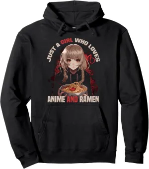 Just a Girl Who Loves Anime and Ramen Graphic Tees for Girls Pullover Hoodie