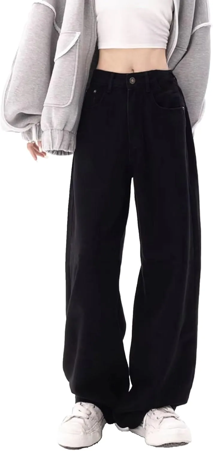 JYHBHMZG Black Baggy Straight Jeans Women Korean High Waist Wide Leg Denim Pants Female Loose Mopping Jean Trouser Y2K