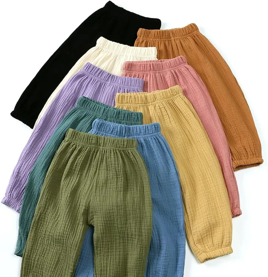 Kids Tales 3 Pack Boys Girls Cotton Linen Pants Child Basic Plain Solid Trousers Big Kids Elastic Waist Long Pants Bloomers