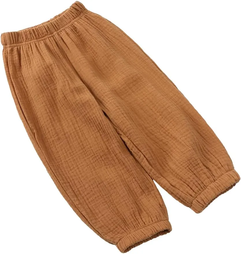 Kids Tales 3 Pack Boys Girls Cotton Linen Pants Child Basic Plain Solid Trousers Big Kids Elastic Waist Long Pants Bloomers