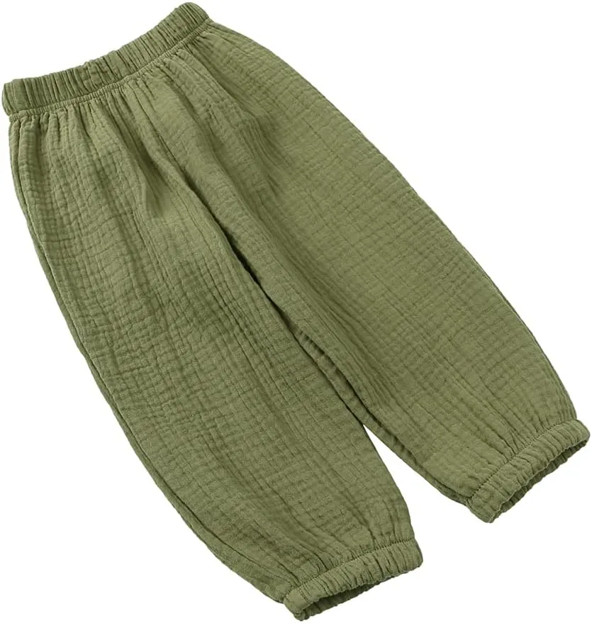 Kids Tales 3 Pack Boys Girls Cotton Linen Pants Child Basic Plain Solid Trousers Big Kids Elastic Waist Long Pants Bloomers