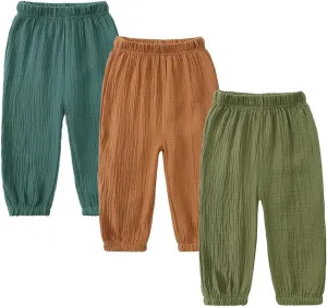 Kids Tales 3 Pack Boys Girls Cotton Linen Pants Child Basic Plain Solid Trousers Big Kids Elastic Waist Long Pants Bloomers