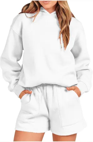 LCMTWX Women Solid Color 2 Piece Outfits Hoodie Short Set Oversized Sweatshirt Shorts Sweatsuit Night Suits Women Shorts