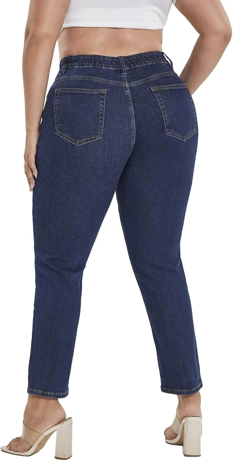 LEIJIJEANS Plus Size Straight Jeans for Women Bule Slim Stretchy Fitting High Waist Women Jeans Curvy Jeans Pants