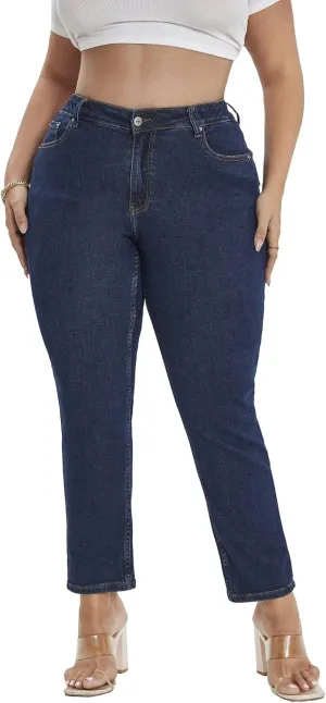 LEIJIJEANS Plus Size Straight Jeans for Women Bule Slim Stretchy Fitting High Waist Women Jeans Curvy Jeans Pants