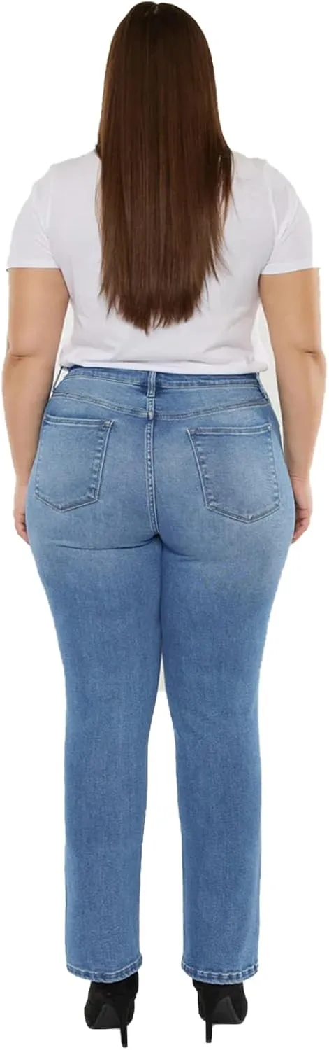 LEIJIJEANS Plus Size Straight Jeans for Women Bule Slim Stretchy Fitting High Waist Women Jeans Curvy Jeans Pants