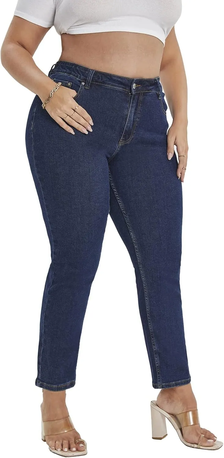 LEIJIJEANS Plus Size Straight Jeans for Women Bule Slim Stretchy Fitting High Waist Women Jeans Curvy Jeans Pants