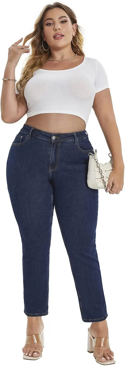 LEIJIJEANS Plus Size Straight Jeans for Women Bule Slim Stretchy Fitting High Waist Women Jeans Curvy Jeans Pants