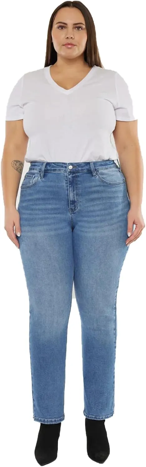 LEIJIJEANS Plus Size Straight Jeans for Women Bule Slim Stretchy Fitting High Waist Women Jeans Curvy Jeans Pants