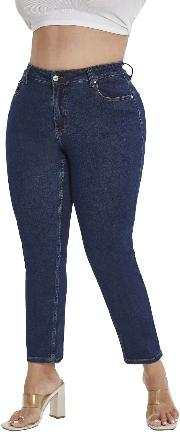 LEIJIJEANS Plus Size Straight Jeans for Women Bule Slim Stretchy Fitting High Waist Women Jeans Curvy Jeans Pants