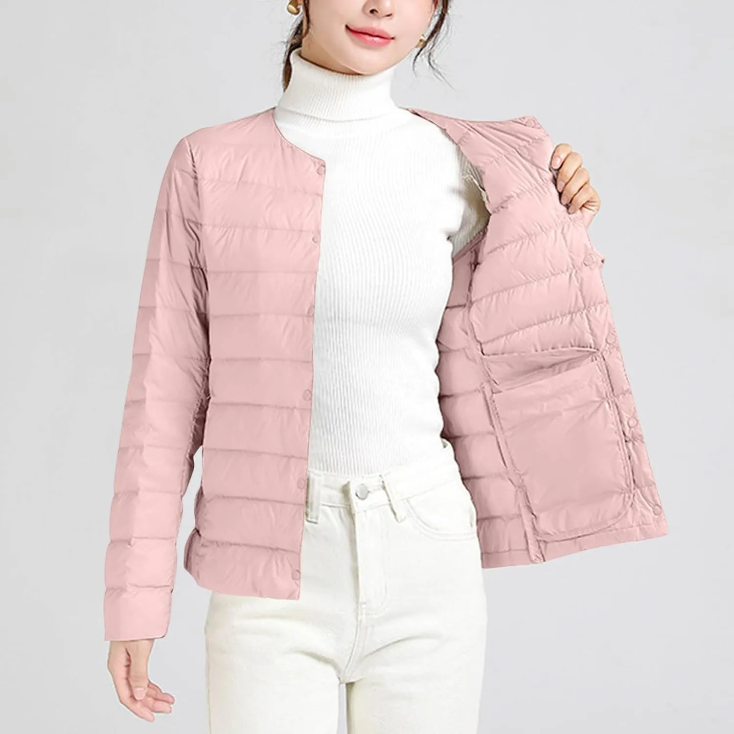 Lightweight Puffer Jacket Women Button Down Jacket Packable Down Jacket Quilted Insulated Jacket Trendy Winter Coat