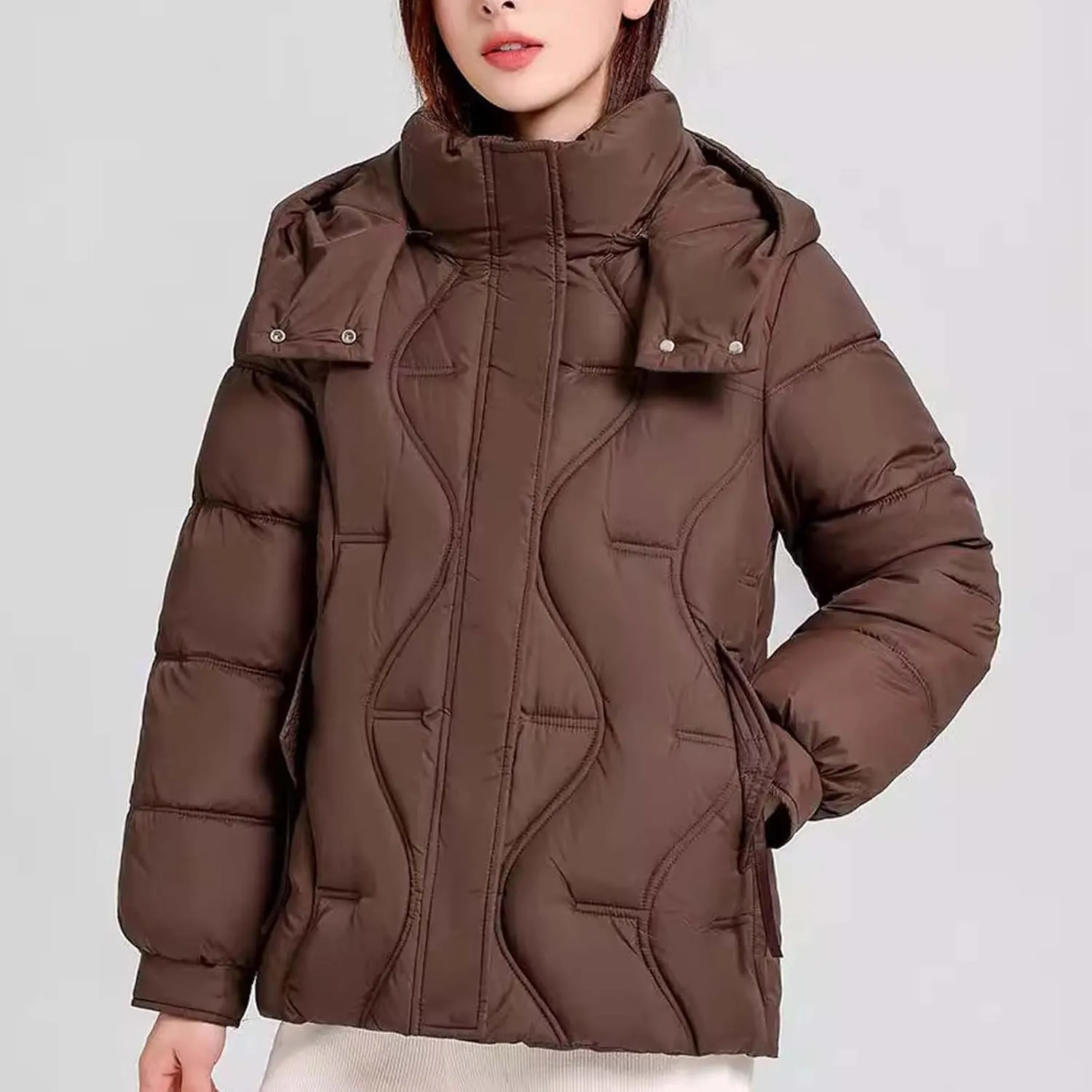 Lightweight Puffer Jacket Women Hooded Down Jacket Quilted Insulated Jacket Long Sleeve Winter Coat with Pockets
